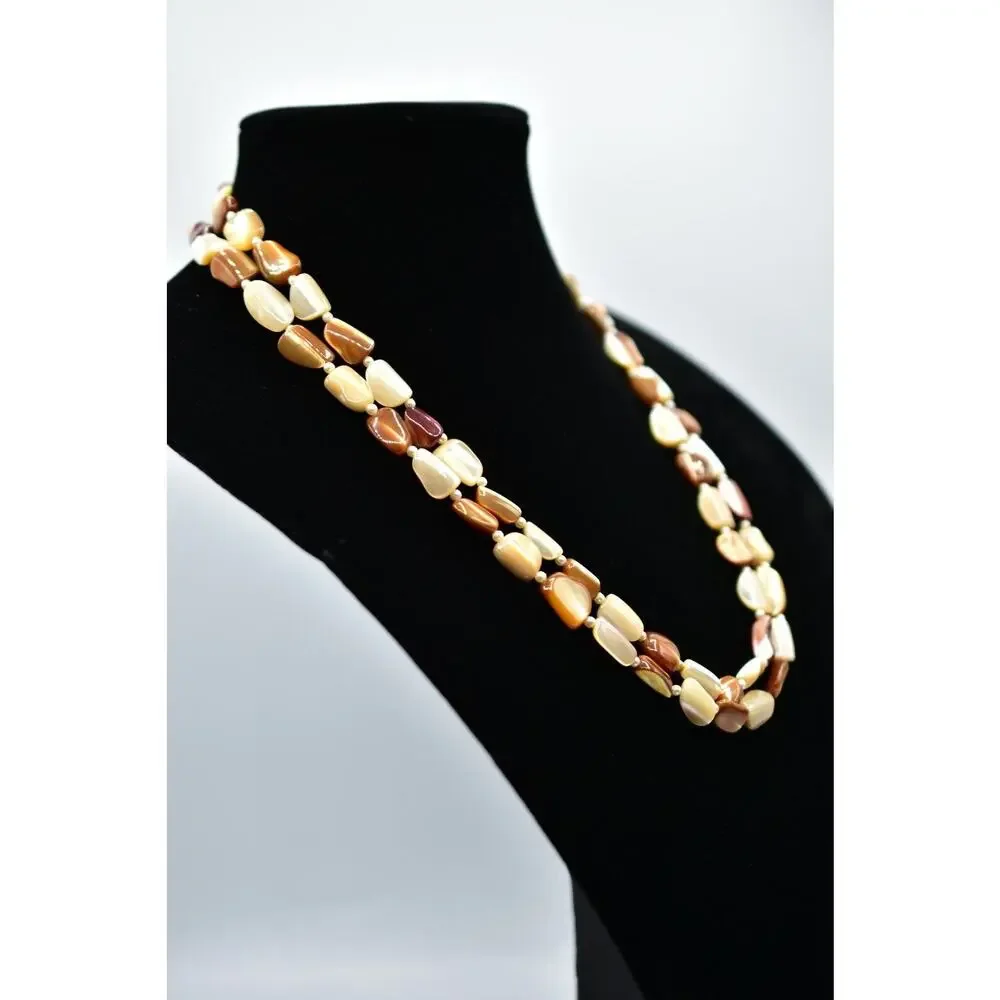 Vintage Necklace Long Stone Beaded Neutral Beige Brown White 48